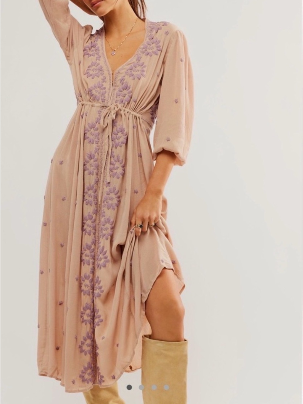 Free People bohemian whimsy ferry Blush Midi Dress with Lilac Floral Embroidery